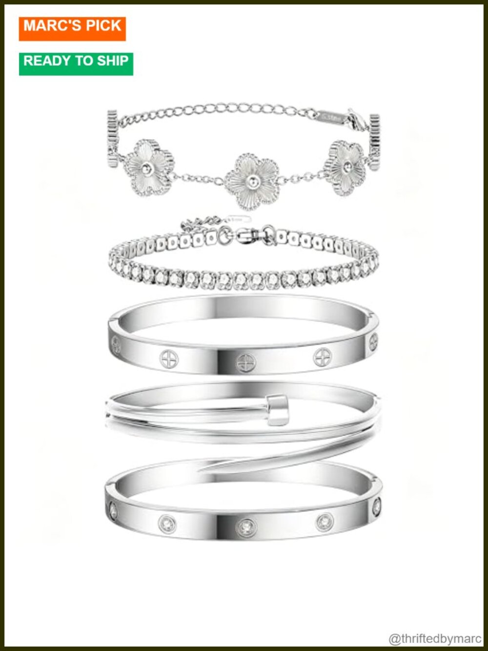 Stackable Stainless Steel & Sterling Silver Bangle Bracelet Set Women 5 Piece